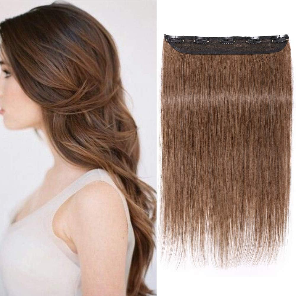 Silk-co 24"-60g One Piece Clip on Hair Extensions Seamless Clip in Hair Extensions #06 Light Brown Real Remy Human Hair Extension 3/4 Half Head Natural Straight
