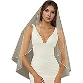 WEZTEZ Bridal Veils Beaded Edge Wedding Veil,1 Tier Pearl Crystal Edge Fingertip Length Short Bride Veil With Metal Comb