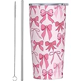 JASROTAO Pink Bow Tumbler, Pink Knots 20oz Stainless Steel Insulated Travel Tumblers,Travel Coffee Mug with Lid and Straw Cups Gifts for Women Men