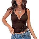 Women's Halter Tank Crop Top Deep V Neck Camisole Twist Knot Tie Backless Y2k Ruched Cami Shirt Blouse Clubwear Outfits