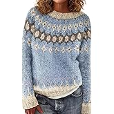 Women's Vintage Fair Isle Sweater Knitted Crewneck Long Sleeve Colorful Warm Fall Winter Pullover