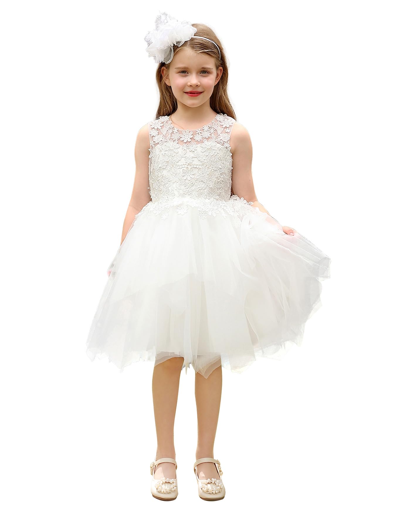 Photo 1 of Abaowedding White Floral Lace Flower Girl Dress Kids Tiered Tutu Tulle Wedding Birthday Party Dress Size 6,White
