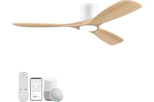 Livory Smart 52” Wood Flush Mount Ceiling Fans with Lights and Remote,Quiet DC Motor,Outdoor Indoor Ultra Low Profile Ceiling Fan works with Alexa WIFI APP,Modern White Ceiling Fan for Bedroom Patio