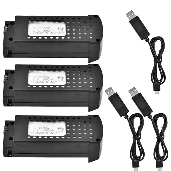 Dilwe 3,7 V Lithium Batterie, 1600mAh 3 Akku + 3 Port Ladegerät + 3 USB Kabel für RC Drone(EU-Stecker)