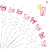 12Pcs Glitter Reusable Bow Plastic Straws Drinking Pink Bow Party Favors Straws, Bow Theme Birthday Party Bridal Engagement Drinkware Coquette Cute Party Supplies