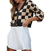 Dokotoo Womens Checkered V Neck Button Down Long Sleeve Cable Knit Cropped Cardigan Sweaters Tops