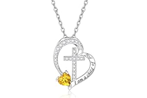 MANBU Sterling Silver Cross Necklace for Girls: Heart Birthstone I am a Child of God Pendant Religious Jewelry Baptism First Communion Confirmation Gifts for Teens