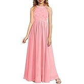 HOSIKA Girls Halter Neck Sleeveless Elegant Lace Chiffon A-line Long Flower Girl Dress for Wedding Party 6-12 Y