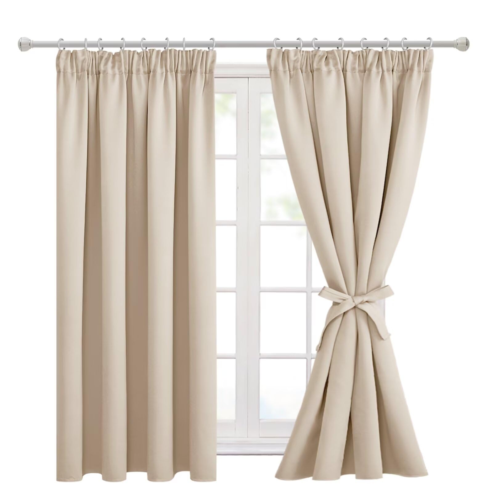Hiasan Pencil Pleat Blackout Thermal Insulated Curtains, Bedroom and Living Room with Tiebacks, Energy Saving and Noise Reducing, 2 Panels, 66 x 54 Inch, Beige