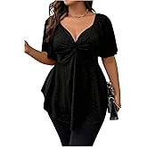 OYOANGLE Women's Plus Size Twist Front Short Sleeve Sweetheart Neck Asymmetrical Hem Blouses Solid Peplum Tops