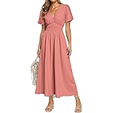 Simplee Women's Summer Flowy Midi Dress Casual V Neck Short Sleeve Empire Waist Boho Beach Wedding Guest Dresses
