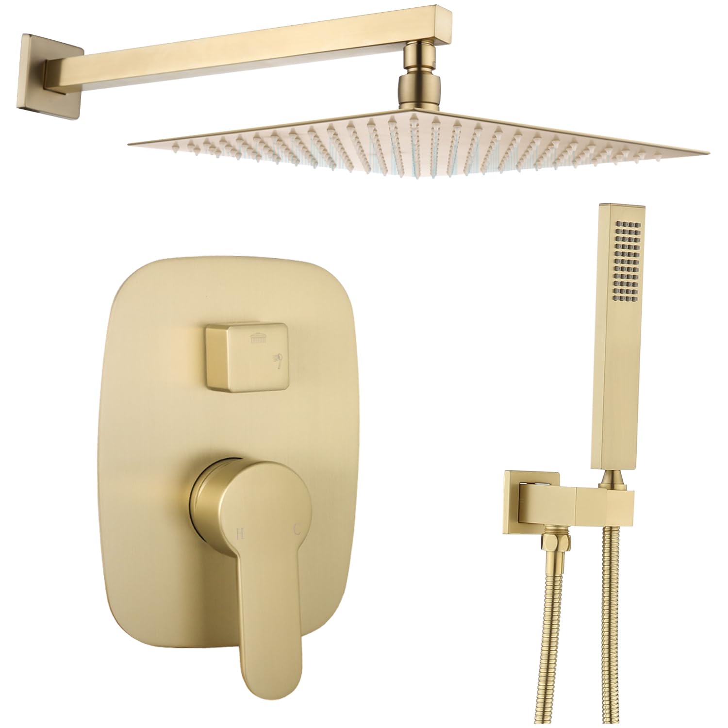 Delnet Concealed Shower Mixer Set 12 Inch Ceiling Mounted Rainfall Shower Head System with Handheld Spray Bathroom Brass Shower Faucet Set, Brushed Gold