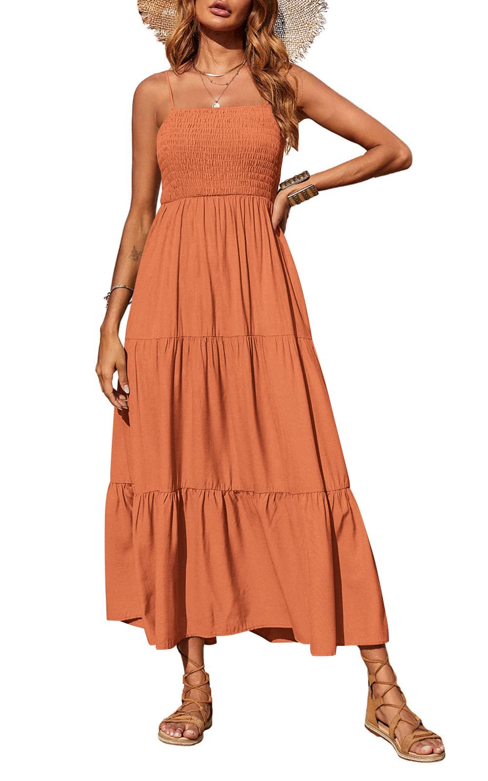 PRETTYGARDEN Women's Summer Maxi Dress 2025 Casual Boho Sleeveless Spaghetti Strap Smocked Tiered Long Beach Sun Dresses (Orange,S)