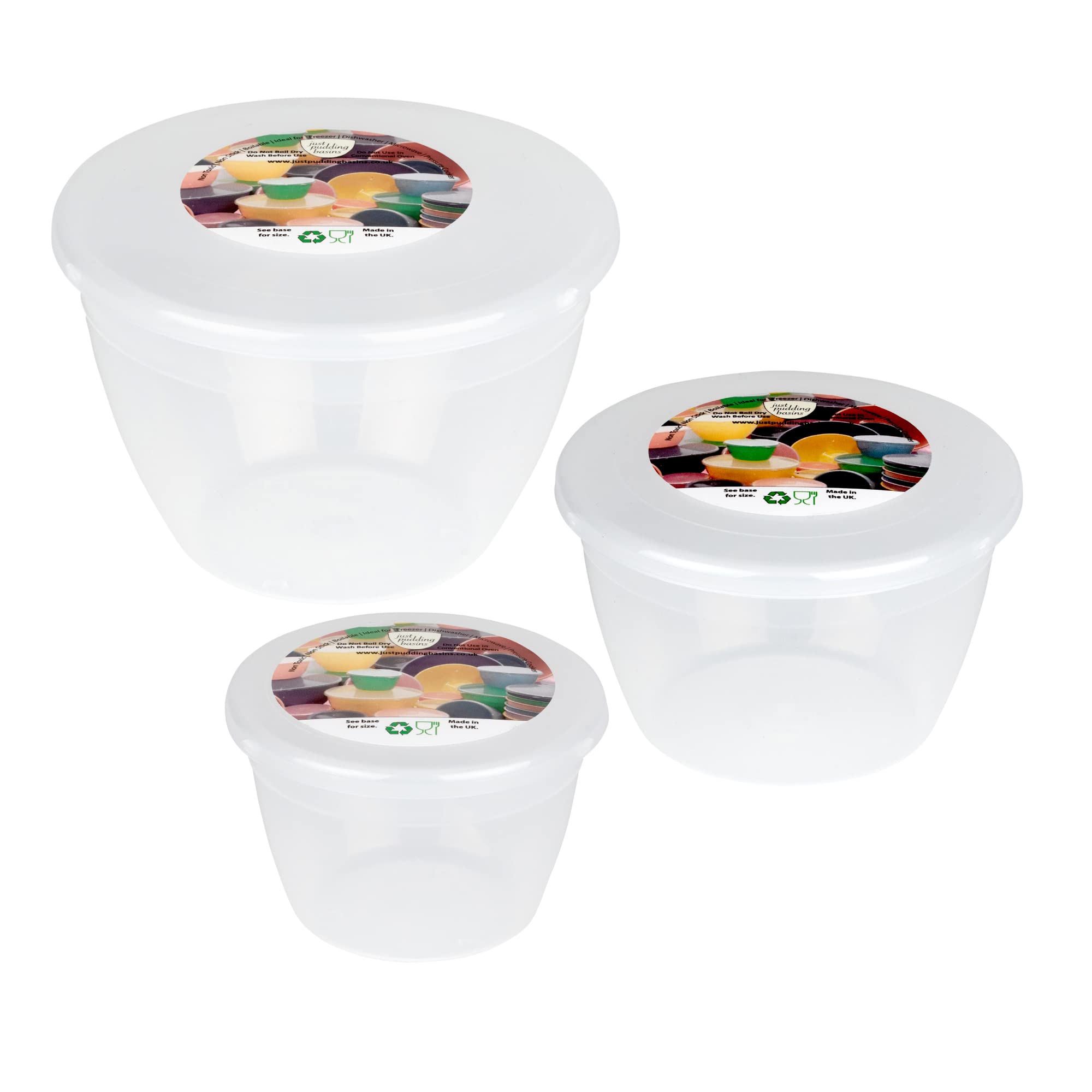 Just Pudding Basins Clear Pudding Basin Set, 3 Pack of Plastic Steam Bowls with Lids, Reusable Microwave and Pressure Cooker Safe Moulds for Desserts (¼pt, ½pt, 1pt) — image 1