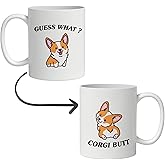 DOTAIN Funny Corgi Sayings Guess What Butt Coffee Mug Ceramic Cup (11oz), Double Side Different Printed, Gifts for Corgi Dog Lover Owner Mama Mom Mother