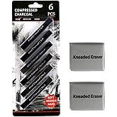 XQIGI Compressed Charcoal Sticks 6 PCS, Kneaded Rubber Erasers Large Size 2 Pack, Square Vine Charcoal Rod Set of 8 for Back 