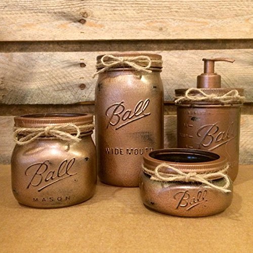 Hammered Copper Mason Jar Bathroom Set with Soap Dispenser, Rustic 4 Piece Mason Jar Bath
