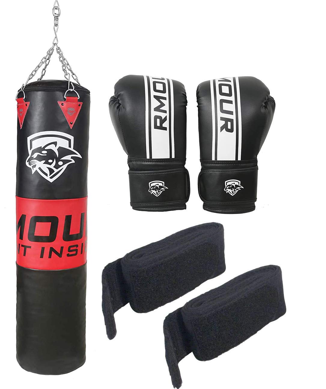 IWIN RMOUR Unfilled Black Red Heavy PU Punch Bag Boxing MMA Sparring Punching Training Kick Boxing Muay Thai with Hanging Chain, Boxing Gloves and Hand Wraps (3 FT), red Black
