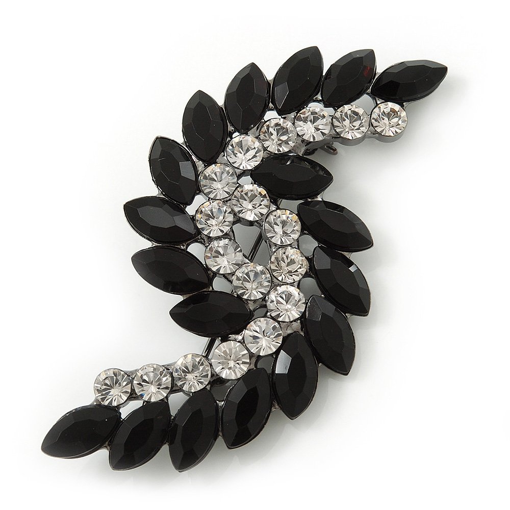Victorian Style Black, Clear Acrylic Stone 'Leaf' Brooch In Gun Metal - 65mm Length