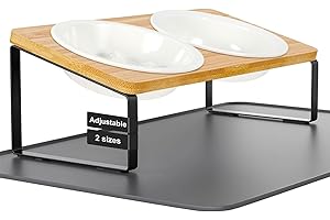 LEAWALK Upgraded Adjustable Height Cat Food Bowls Stand Ceramic Dog Bowls and Slow Feeder Cat Bowl, 15°Tilted Stand Anti Vomiting Raised for Small and Medium Sized Cats Dogs (White (2 Bowl+Pet mat))