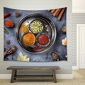 Various Spices Like Turmeric, Cardamom, Chili, Bayberry, Bay Leaf, Paprika, Ginger - Fabric Wall Tapestry Home Decor - 51x60 inches