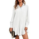Fisoew Womens Casual Button Down Shirt Dress Long Sleeve Collared Pleated Swing Mini Dresses