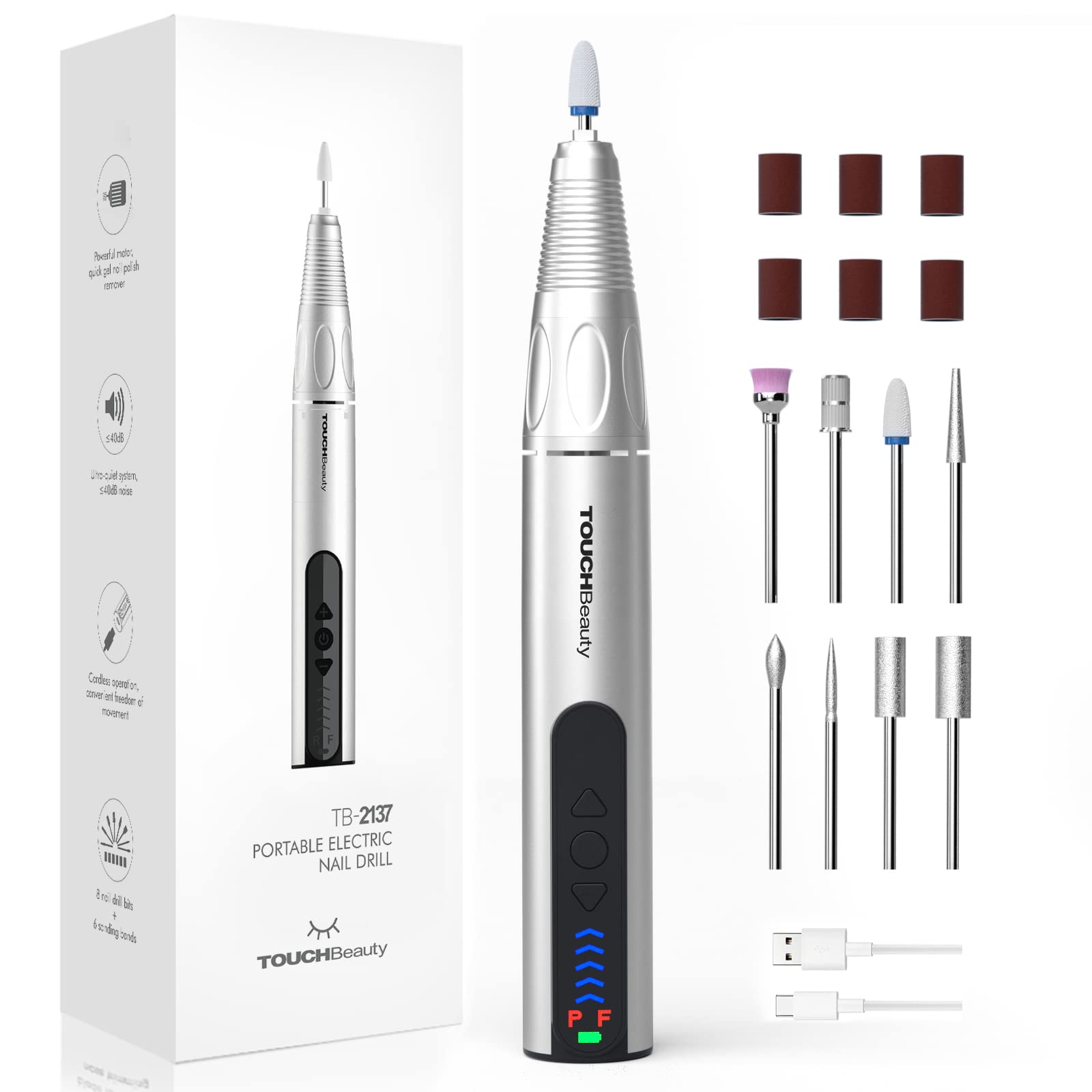 TOUCHBeauty Professional Cordless Nail Drill Kit, 30000 RPM Electric Nail File & Buffer with 8 Bits, Low Noise eFile for Acrylic, Gel, Thick Toenails, Wireless Manicure Set for Home & Travel