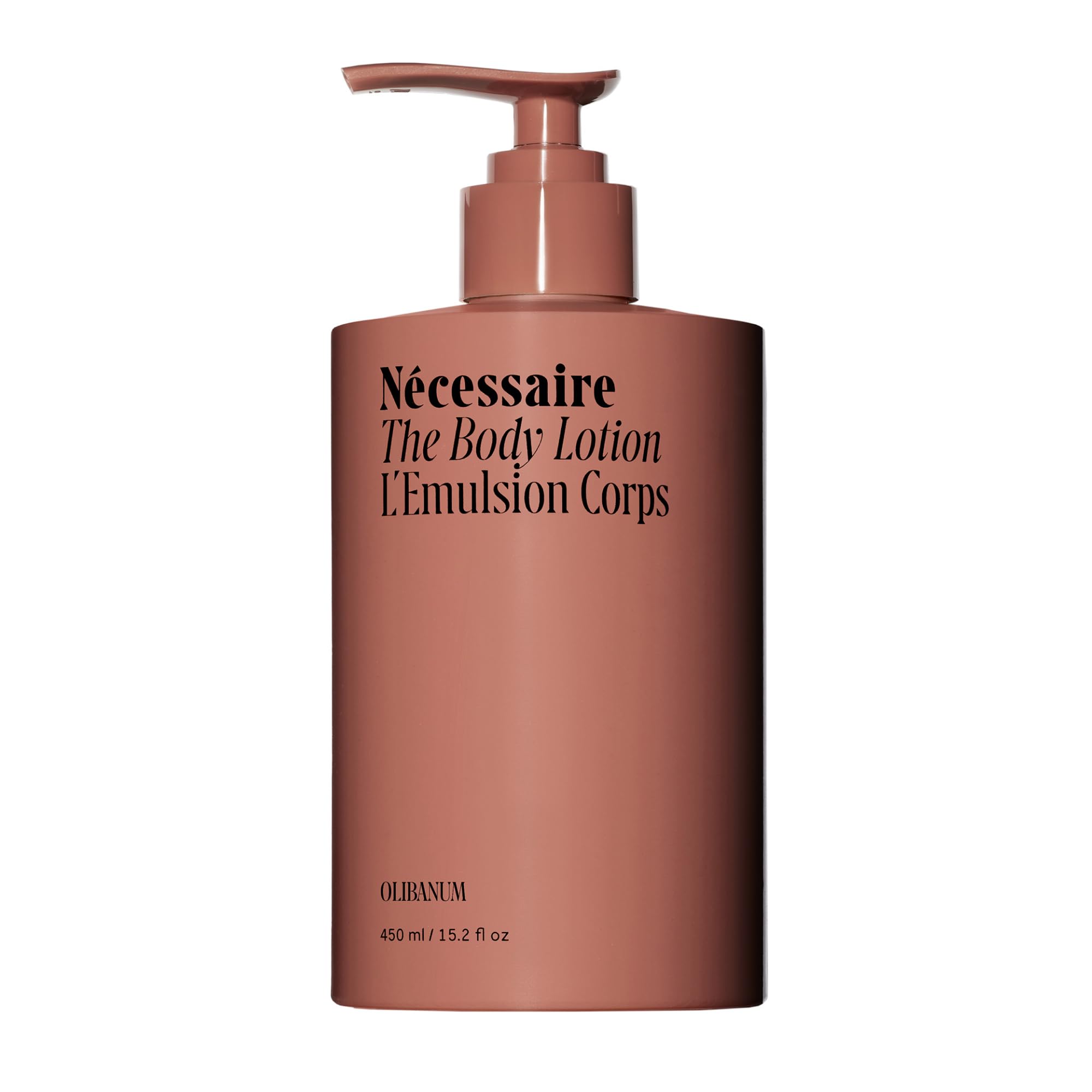 Photo 1 of Nécessaire The Body Lotion with Pump. Olibanum. Multi-Peptide Firming to Moisturize + Strengthen. 2.5% Niacinamide, Vitamin C/E + Omega 6/9. Notes of Vanilla, Fig Leaf, & Cassis Buds. 450ml/15.2 fl oz