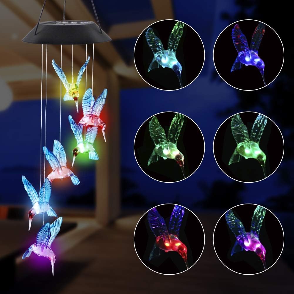 MorTime LED Solar Hummingbird Wind Chime, 25" Mobile Hanging Wind Chime for Home Garden Decoration, Automatic Light Changing Color (Blue) : Garden & Outdoor