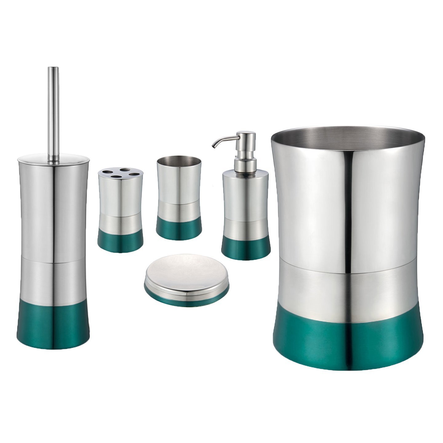 Teal 6 Piece Bathroom Accessory Set Stainless Steel, Trash