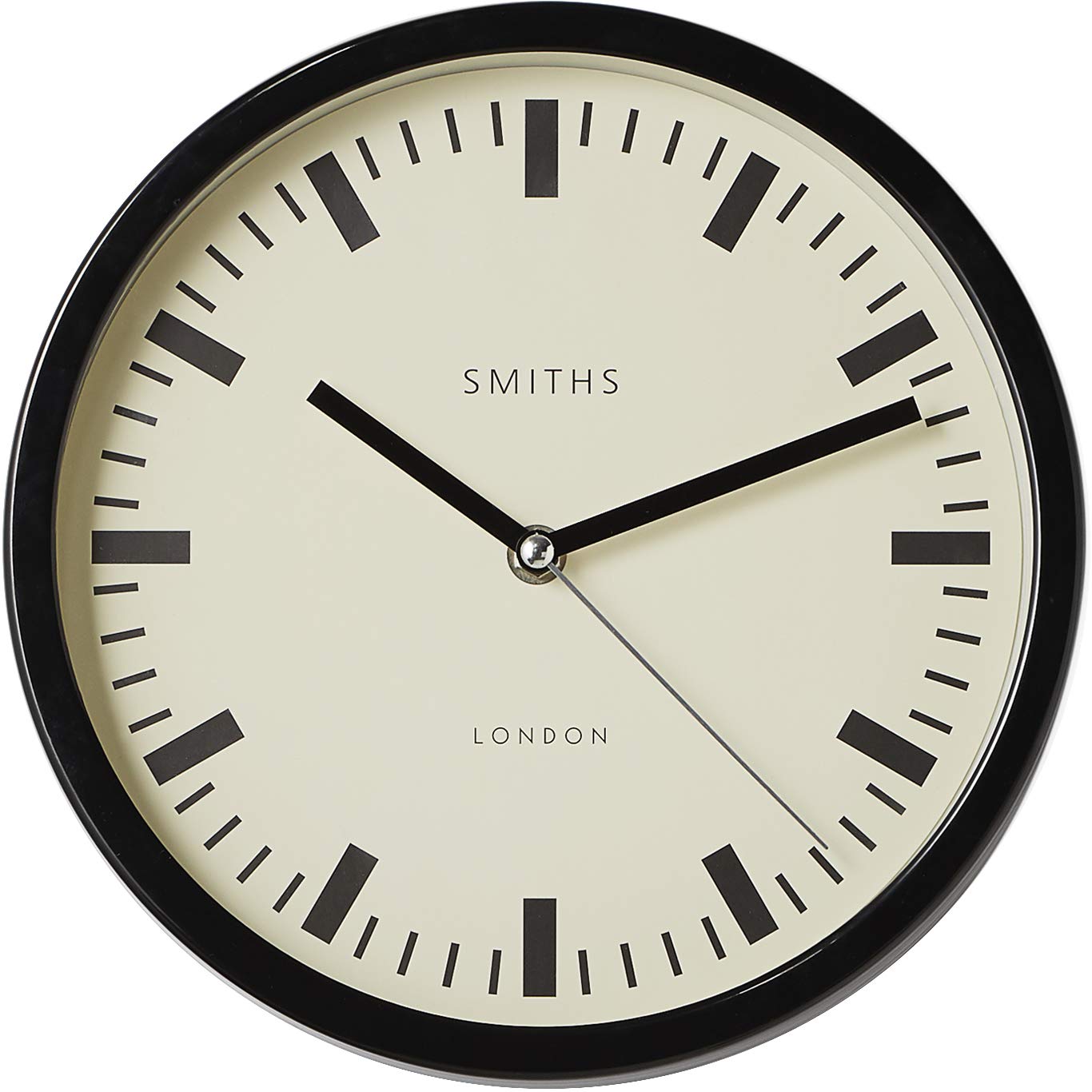 Brookpace Lascelles Smiths Swiss Style Wall Clock in Black - Kitchen Clock - Living Room Clock - Office Clock - Bedroom Clock - 25cm