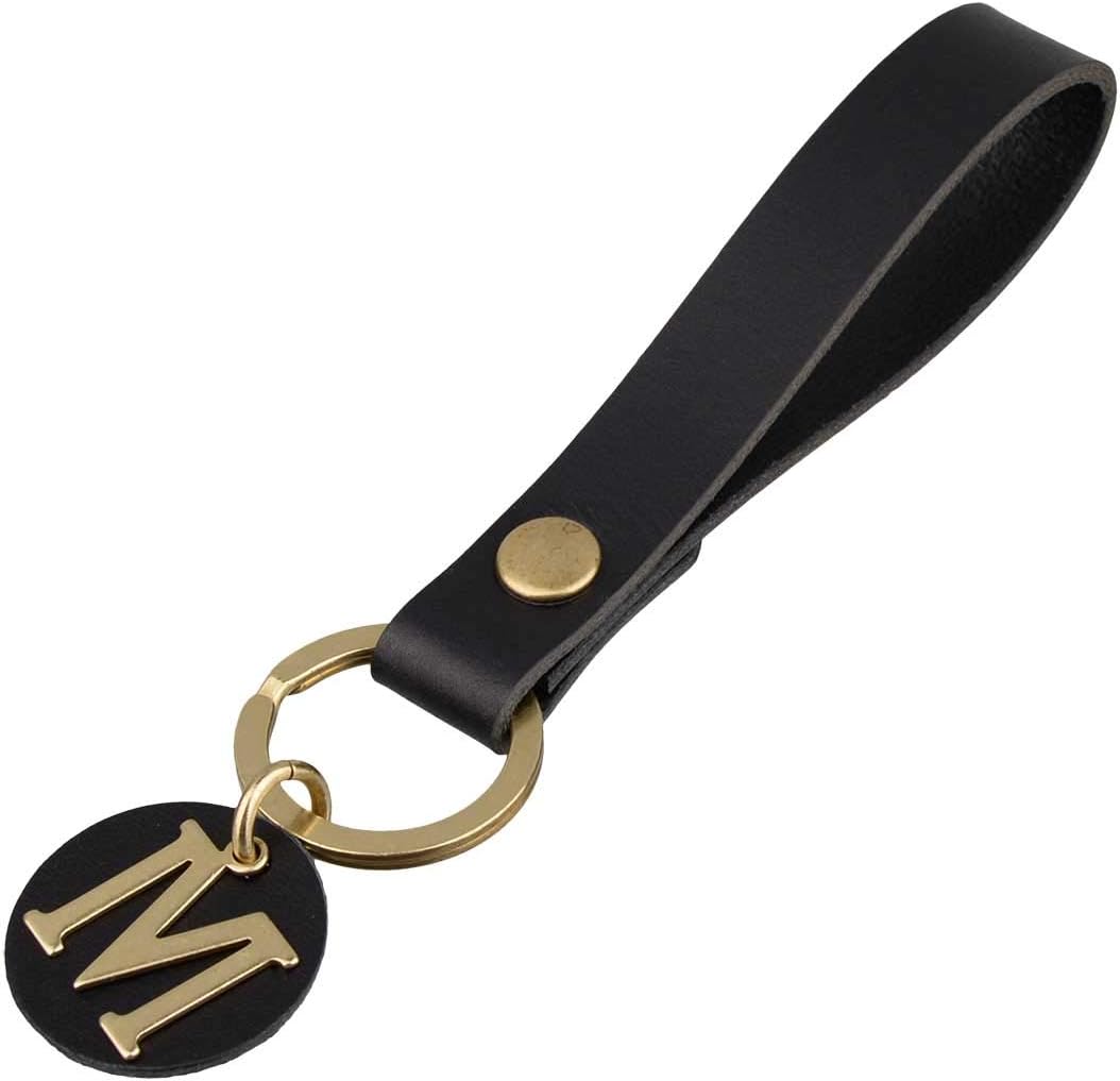 Richbud Brass Initial Letter Leather Keychain Capital Alphbet Key Ring Black Label (M)
