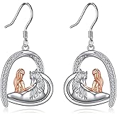 Horse Earrings for Women Sterling Silver Two-tone Cubic Zirconia Heart Pendant Horse and Woman Dangle Hook Earrings Jewelry Gift for Her