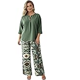 winkbay Women's Plus Size 2 Piece Outfits Notch Neck 3/4 Sleeve Top and Boho Pants Set Beach Vacation Clothes