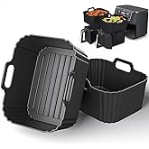 PINTAUR 10QT Silicone Air Fryer Liners 2 Pack for Ninja Foodi Dual Zone DZ550 DZ401 DZ550GY DZ302, Reusable 2-Basket Large Thickened Trays, 6-in-1 DualZone Airfyer Accessories
