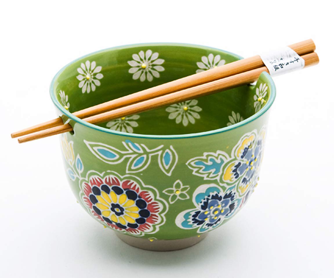Happy Sales HSRB-GRNFLR, Multi Purpose 5"D Ramen Udon Soba Pho Noodle Donburi Rice Tayo Bowl with Chopsticks, Green Floral