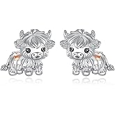 925 Sterling Silver Highland Cow Earrings Two Tone Hypoallergenic Scottish Cow Stud Earrings with Safety Screwback Animal Jewelry Gifts for Women
