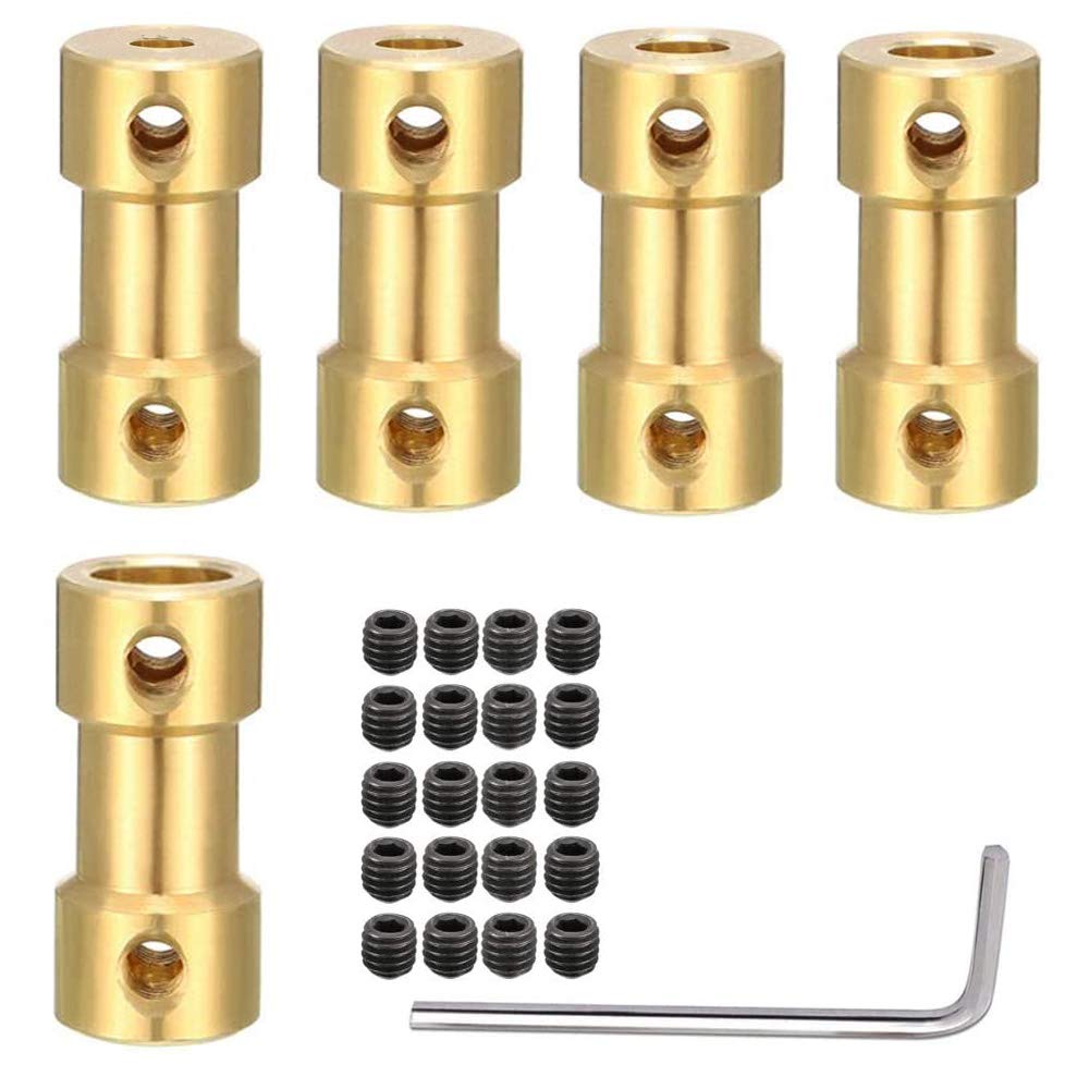 Greluma 5Pcs Brass Shaft Coupler Shaft Coupling Shaft Adapter for RC Airplane Boat Motor 0.79x0.35inchs(LxD) with Screws,Allen Wrench,2mm to 2mm/3mm to 4mm/3mm to 5mm/4mm to 5mm/5mm to 5mm