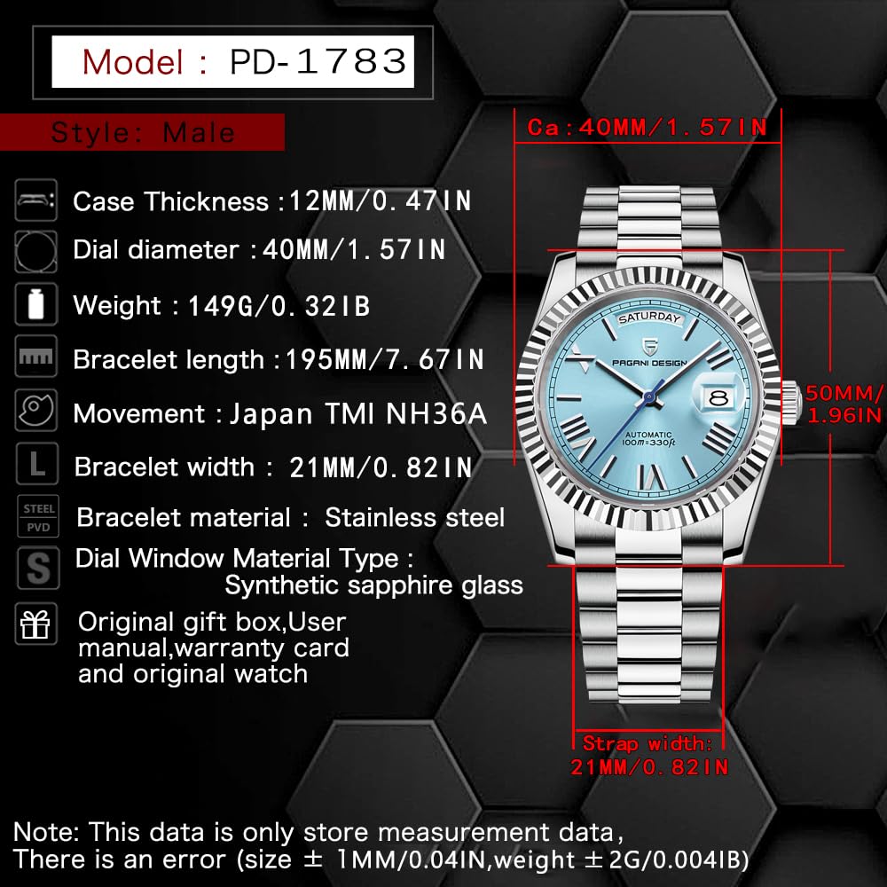 RollsTimi PD1783 DD40 Herren Uhr, NH36A Japanisches Automatikwerk, Day/Date, 100m Wasserdichtheit, Edelstahlarmband, Saphirglas, Luxus Herren Automatikuhr 9