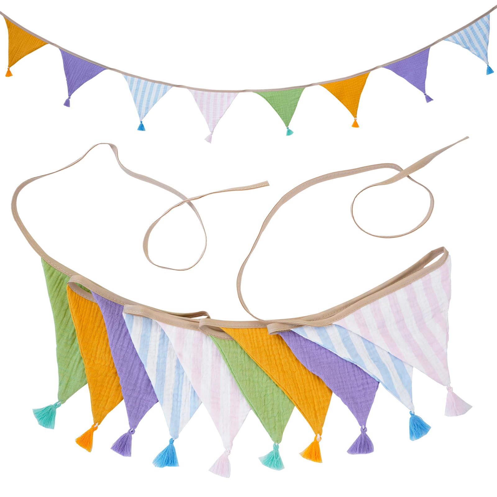 G2PLUS Muslin Fabric Bunting with Tassel: 10PCS Double Sided Cotton Garland, 2.6m Nursery Fabric Triangle Banner for Nursery, Bedroom, Baby Shower, Brithday Party Decoration, Green Purple