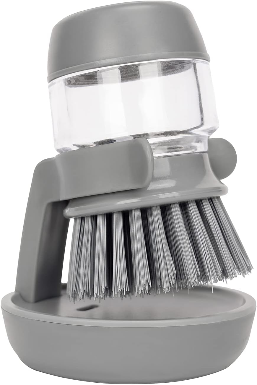 Soap Dispensing Palm Scrub Brush with Drip Tray, Washing Brush for Dishes Pots Pans Sink Cleaning, Kitchen Scrubber Storage Stand Set (Gray)