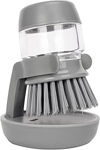 Soap Dispensing Palm Scrub Brush with Drip Tray, Washing Brush for Dishes Pots Pans Sink Cleaning, Kitchen Scrubber Storage Stand Set (Gray)