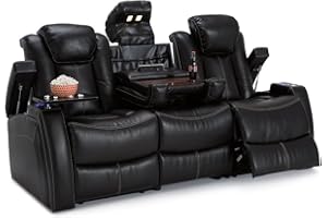 Seatcraft Omega Home Theater Seating - Living Room - Leather Gel - Power Recline - Power Headrests - AC and USB Charging - Lighted Cup Holders - Fold Down Table (Sofa, Black)