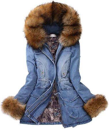 denim winter coat with fur hood