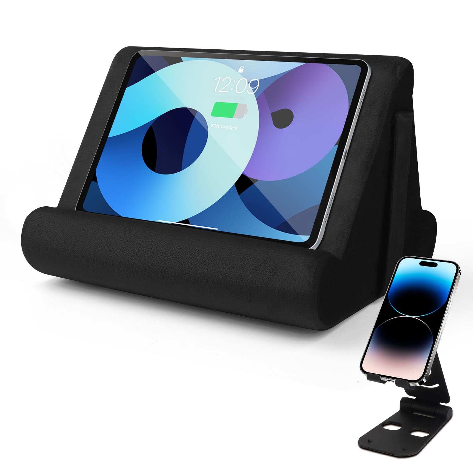 Tablet Stand Multi-Angle Tablet Pad Stand Lazy Holder Stand Soft Pad Stand Tablet Cushion Stand With Net Pocket & Black Phone Stand For Lap, Knee, Sofa and Bed Universal Phone Pad Stands (Black)