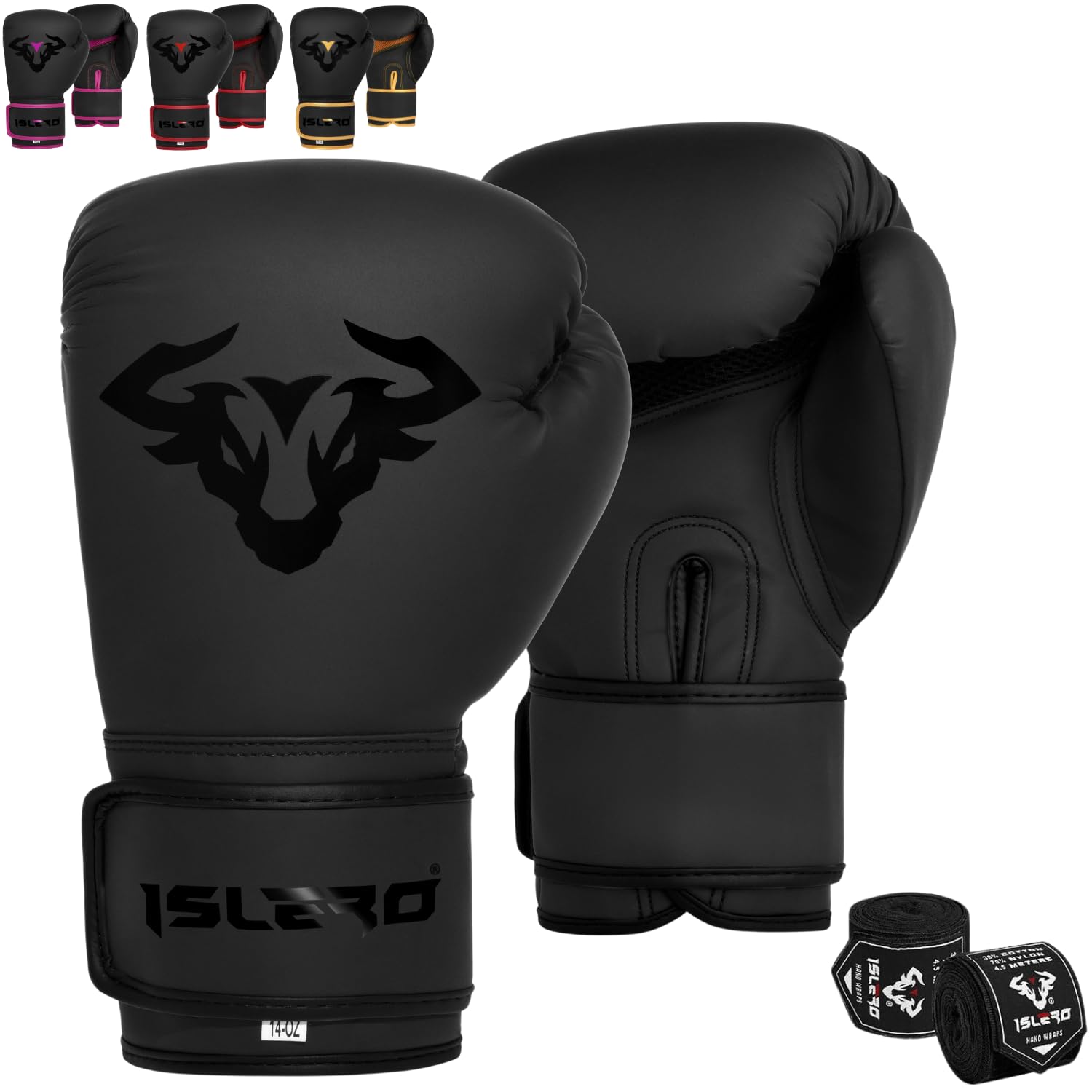 Islero EVO Fitness Matte Black Boxing Gloves Men Punch Bag Women Pink MMA Muay Thai Martial Arts Kick Boxing Sparring Training Fighting Gloves With Hand Wraps (16 OZ, Black)