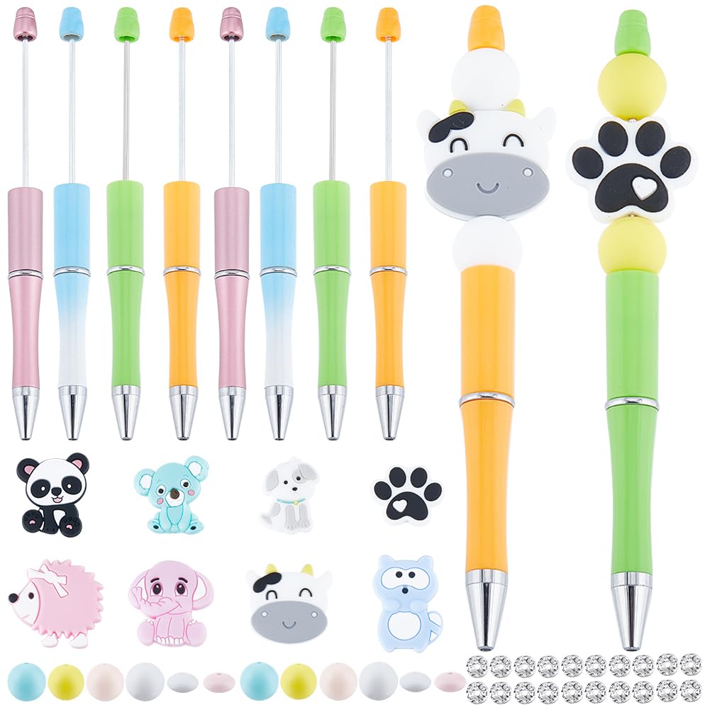 SUNNYCLUE 60 Pieces DIY 8 Sets Pearl Pen with Beads Cute Animal Silicone Focal Pen Making Kit Ballpoint Supplies Black Ink Set — image 1