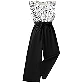 Floerns Girls Floral Print Sleeveless Ruffle Trim Belted Pants Jumpsuit