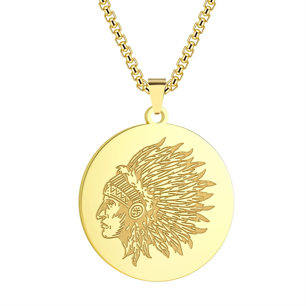 QIAMNI 316L Stainless Steel Coin Necklace Indian Warrior/Native American Pendant/Indian Chef Pendant Jewelry Gift (gold)