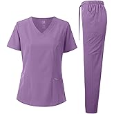 Dagacci Medical Uniform Women's Scrub Set 4-Way Stretch Y-Neck Stitch Tape Top and Pants